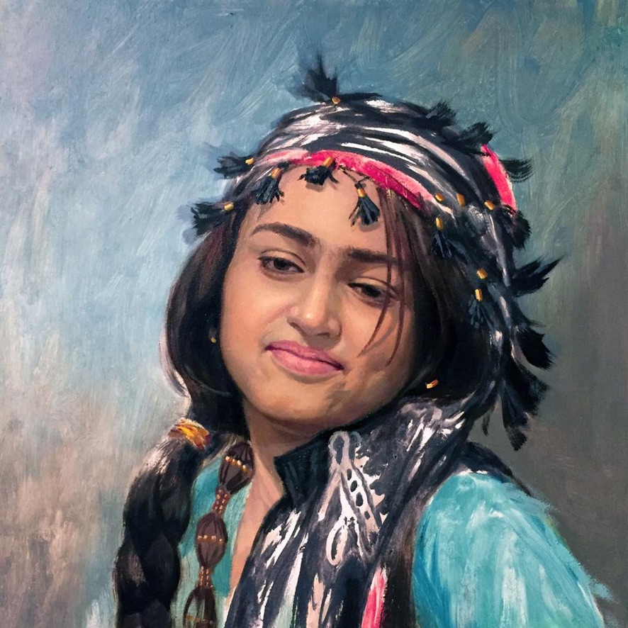 Portrait painting of a woman in turquoise clothing by Vesal Yaghoobi