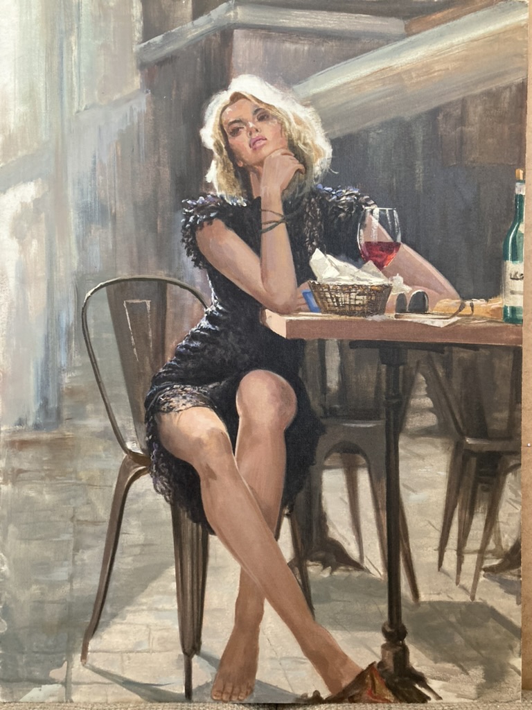 Painting of a woman seated at a café table by Vesal Yaghoobi