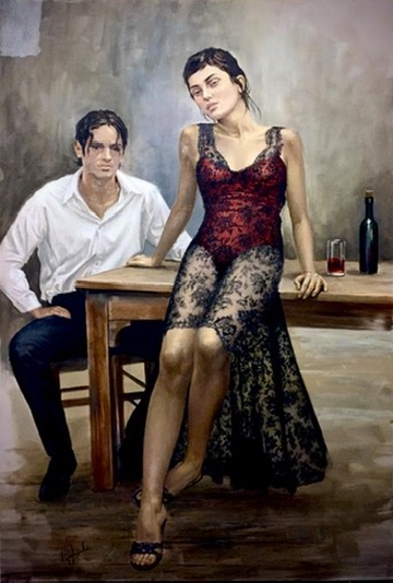Painting of a man and woman at a wooden table by Vesal Yaghoobi