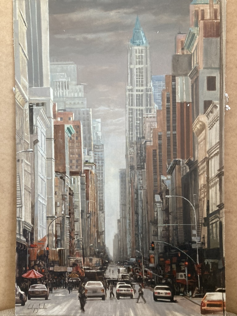 Painting of a New York city street lined with tall buildings and traffic by Vesal Yaghoobi