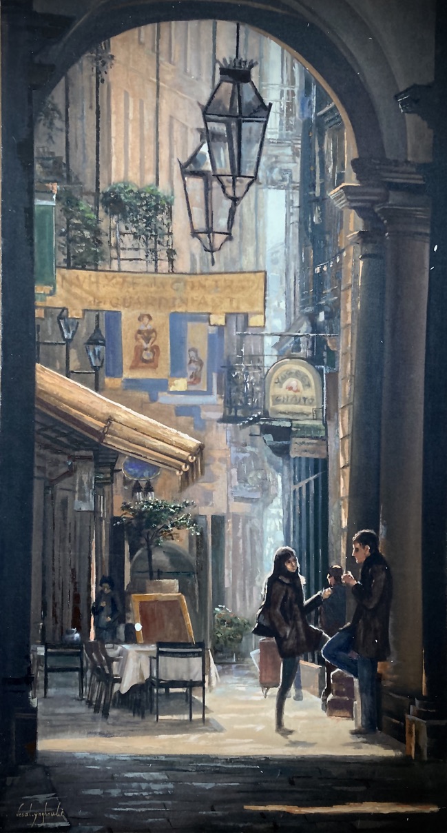 Painting of a European street viewed through an arched passage by Vesal Yaghoobi