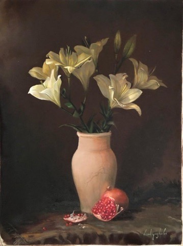 Still life painting of lilies in a vase with a pomegranate by Vesal Yaghoobi
